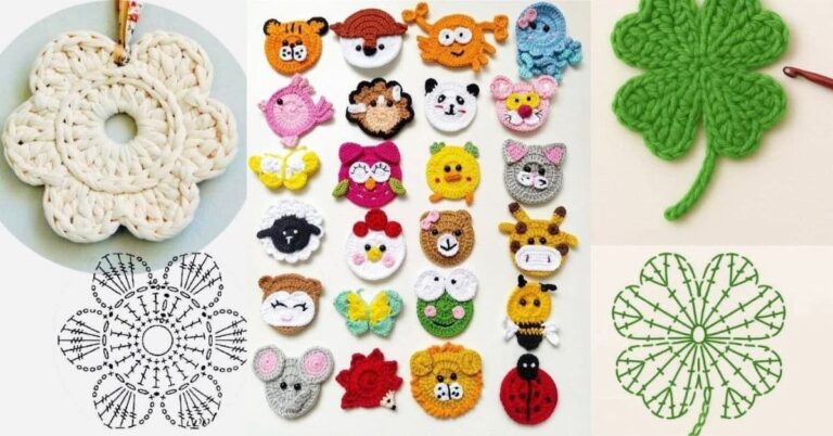 Diversos apliques de crochê criativos, incluindo flores, animais e um trevo da sorte, dispostos em um fundo claro.