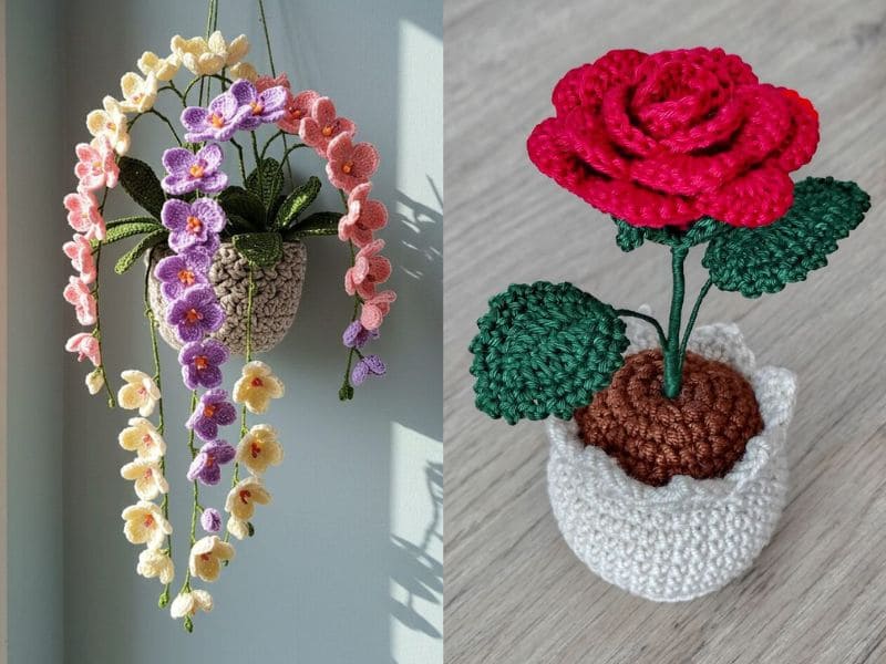 Arranjos de flores de crochê: orquídeas penduradas e rosa vermelha em vaso.