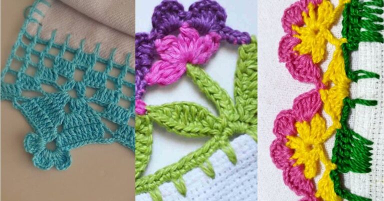 Três bicos de crochê diferentes em panos de prato, com detalhes em crochê floral e geométrico.