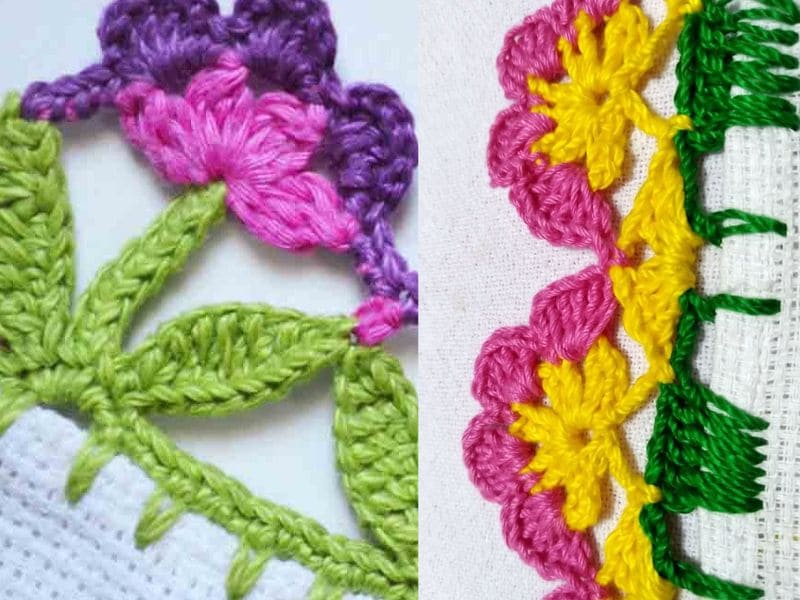 Detalhe de dois bicos de crochê coloridos em panos de prato. Um com flor roxa e rosa, outro com flor rosa e amarela.