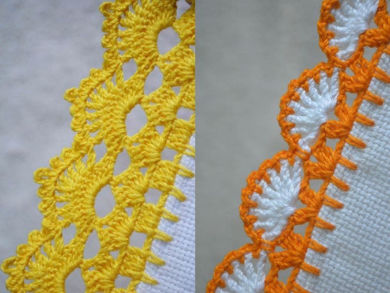 Detalhe de dois panos de prato com diferentes bicos de crochê: um amarelo e outro laranja com branco.