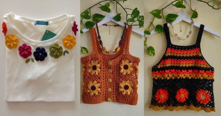 Coleção de blusas de crochê com motivos florais em cabides, mostrando diferentes estilos e cores.