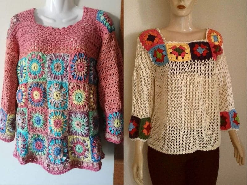 Duas blusas de crochê em manequins: uma rosa com quadrados florais coloridos e outra bege com detalhes coloridos no decote e nas mangas.