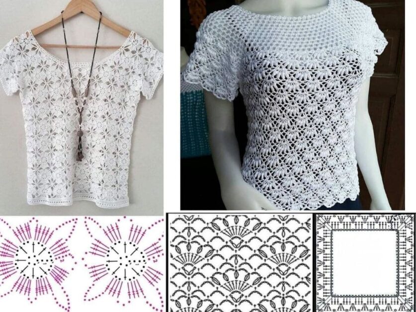 Colagem mostrando blusas de crochê modernas brancas e diagramas de crochê.