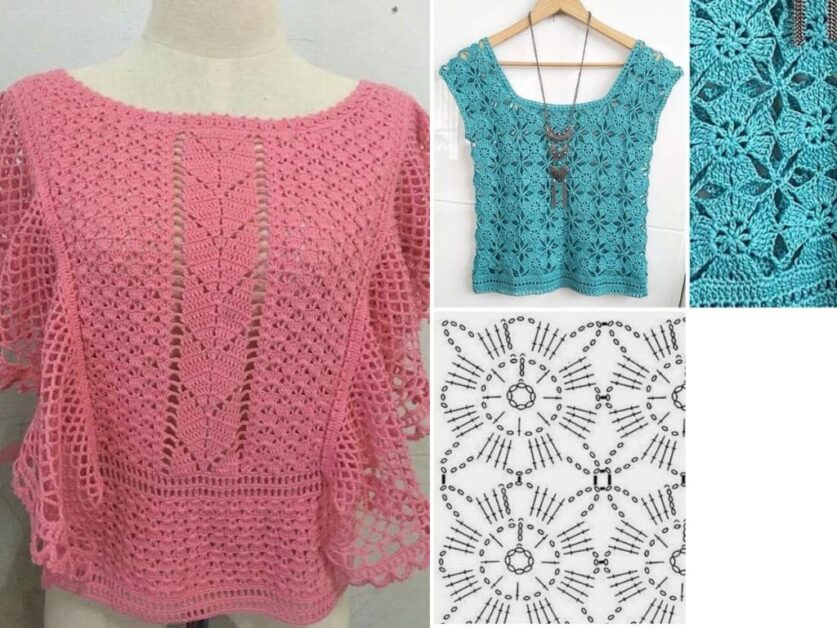 Colagem de fotos mostrando blusas de crochê modernas em tons de rosa e azul turquesa, além de um diagrama de crochê.