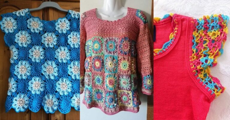 Três blusas de crochê personalizadas em diferentes estilos e cores vibrantes.