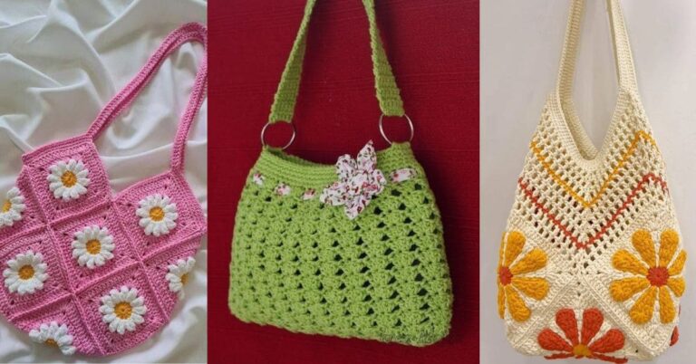 Colagem com três modelos de bolsas de crochê fáceis de fazer: uma rosa com margaridas, uma verde com flor e uma bege com flores laranjas.