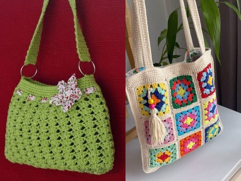 Duas bolsas de crochê: uma verde com flor e outra com quadrados coloridos.