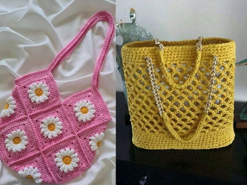 Duas bolsas de crochê: uma rosa com flores e outra amarela com alça de corrente.