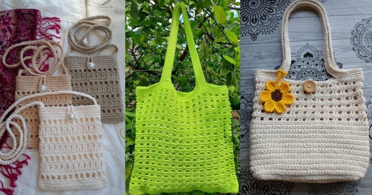 Colagem de fotos mostrando três diferentes bolsas de crochê: duas pequenas com alças finas e fecho de pérola, e uma grande verde limão e outra bege com flor de crochê amarela.