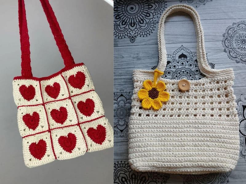 Duas bolsas de crochê artesanais: uma com quadrados de corações vermelhos e outra bege com detalhe de flor amarela.