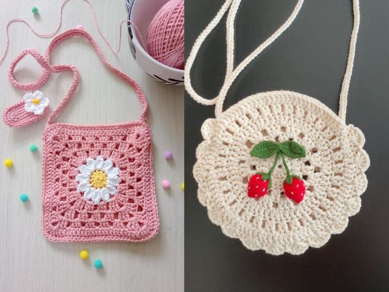 Duas bolsinhas de crochê infantil: uma rosa com flor e outra bege com cerejas.