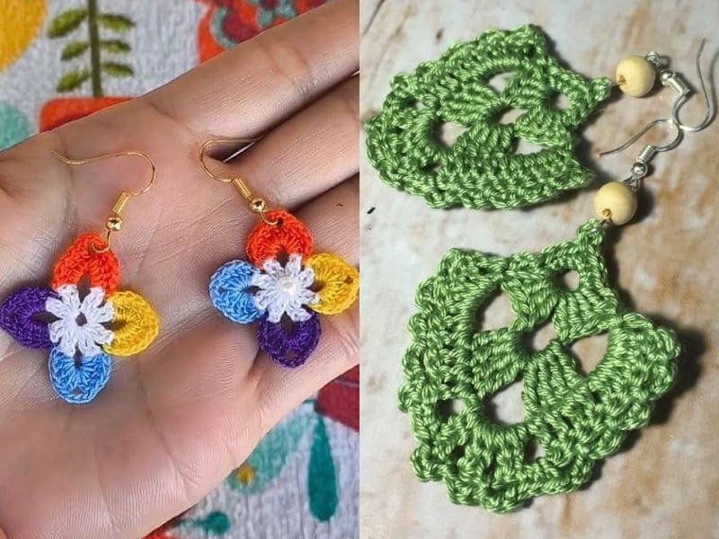 Brincos de crochê coloridos em formato de flor, e brincos de crochê verde em formato de folha.