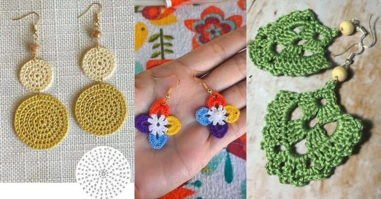 Colagem de três fotos mostrando brincos de crochê em diferentes estilos e cores.