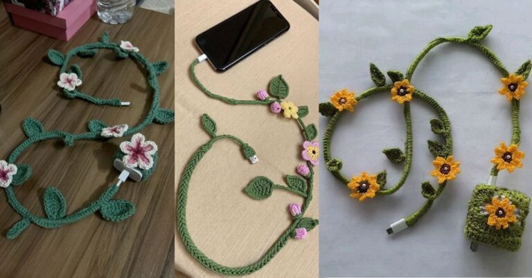 Três capas de cabo de carregador em crochê com designs florais e de folhagem.