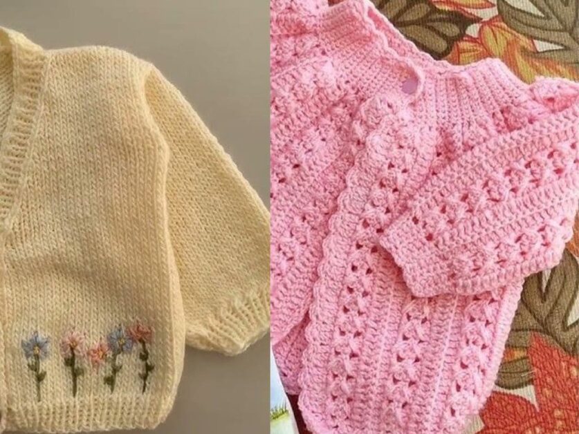 Dois casaquinhos de bebê: um creme com flores bordadas e outro rosa, ambos feitos em crochê.