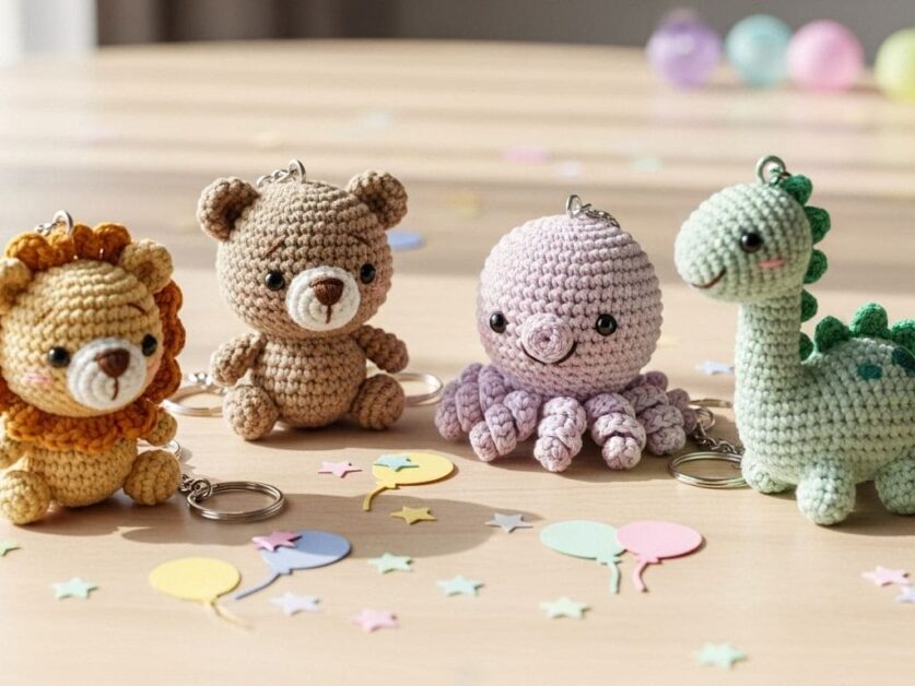 Quatro chaveirinhos de crochê em formato de animais: leão, urso, polvo e dinossauro, dispostos sobre uma mesa com confetes coloridos.