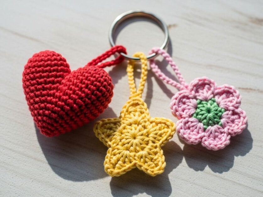 Chaveiro com pingentes de crochê em forma de coração vermelho, estrela amarela e flor rosa.