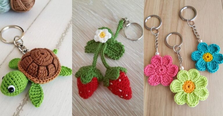 Chaveiros de crochê em formato de tartaruga, morango e flores coloridas.