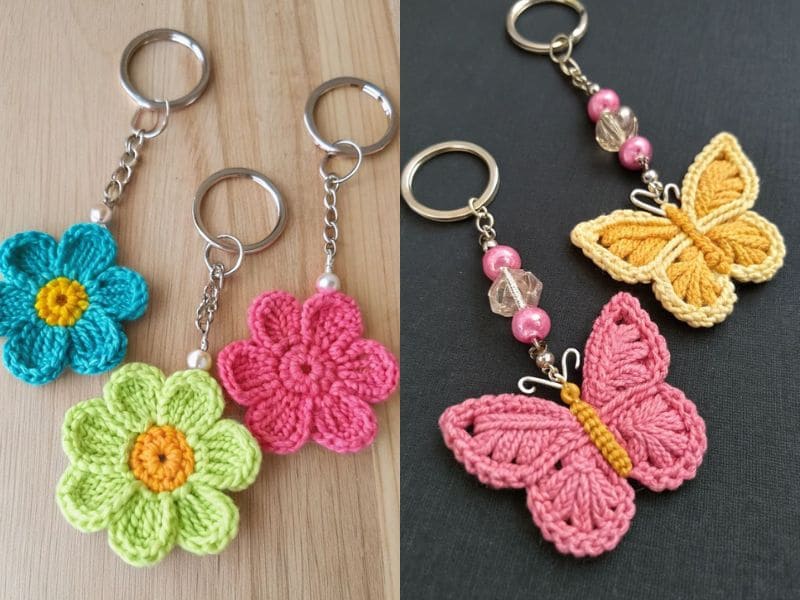 Chaveiros de crochê artesanais em formato de flores e borboletas coloridas.