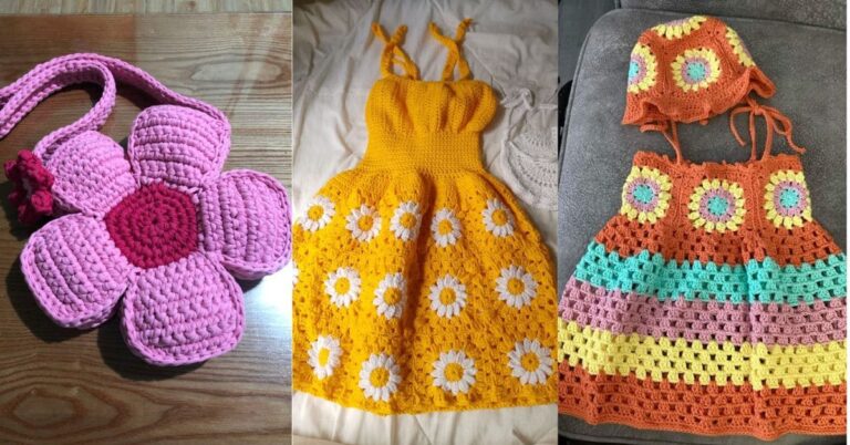 Coleção de peças de crochê moderno infantil: bolsa de flor rosa, vestido amarelo com margaridas e conjunto de vestido e chapéu coloridos.
