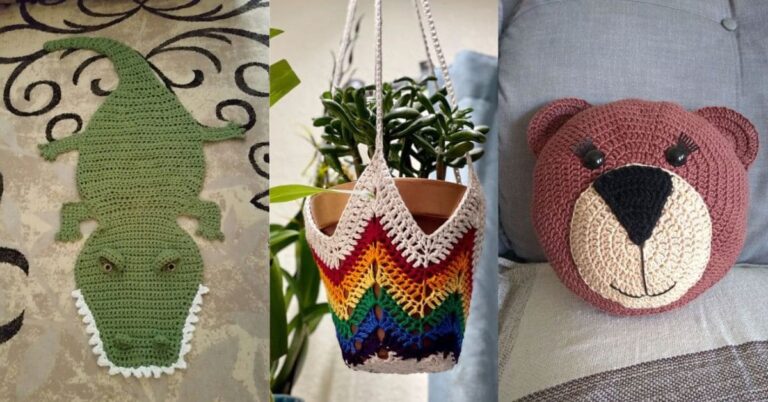 Artesanato divertido de crochê: tapete de crocodilo, suporte de planta colorido e almofada de urso.