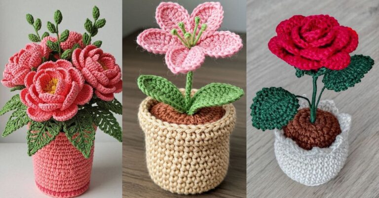 Arranjos de flores de crochê em vasos, com tons de rosa e vermelho, ideais para decoração.