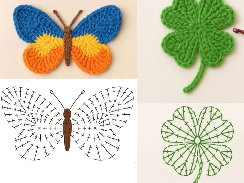 Imagem com gráficos de apliques de crochê: uma borboleta colorida e um trevo de quatro folhas.