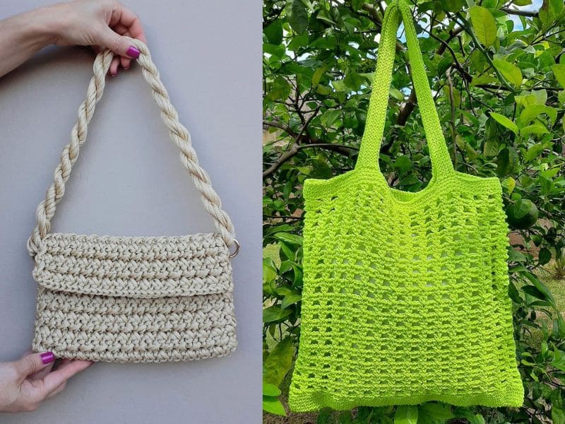 Colagem mostrando duas bolsas de crochê: uma bege com alça trançada sendo segurada, e outra verde pendurada em uma árvore.