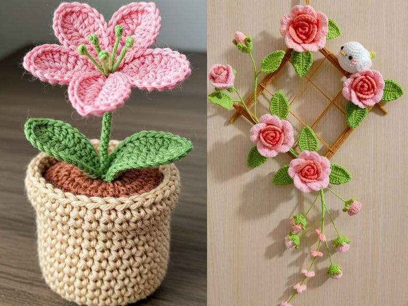 Arranjos de flores de crochê: um vaso com uma flor rosa e um arranjo de rosas emoldurado com um passarinho.