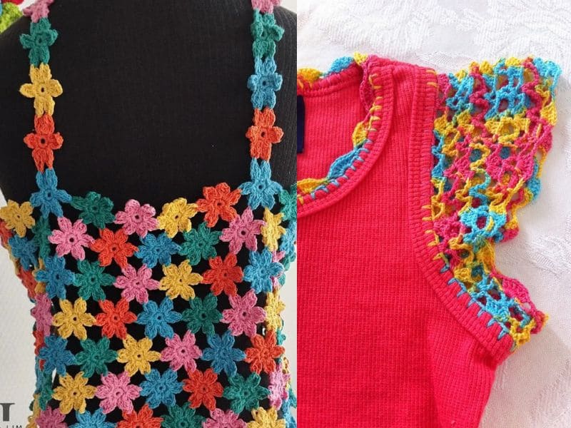 Close-up de duas blusas de crochê personalizadas, uma com padrão floral colorido e outra vermelha com detalhes em crochê multicolorido nas mangas e gola.