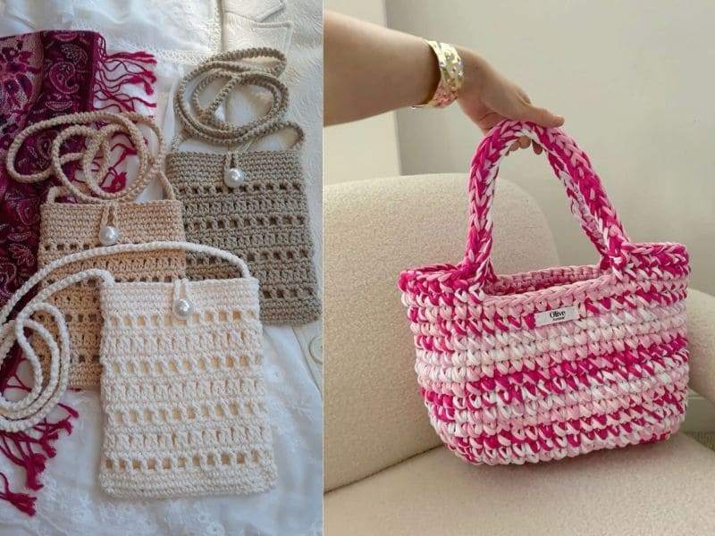 Close-up de quatro bolsas de crochê, três pequenas com alças compridas e uma maior rosa e branca com alças curtas.