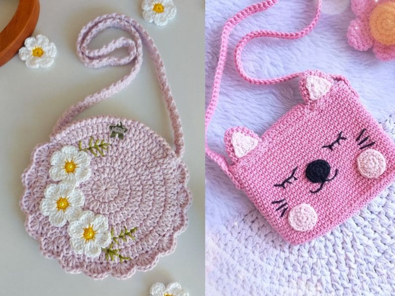 Duas bolsinhas de crochê infantis: uma redonda com margaridas e outra quadrada no formato de um gatinho.
