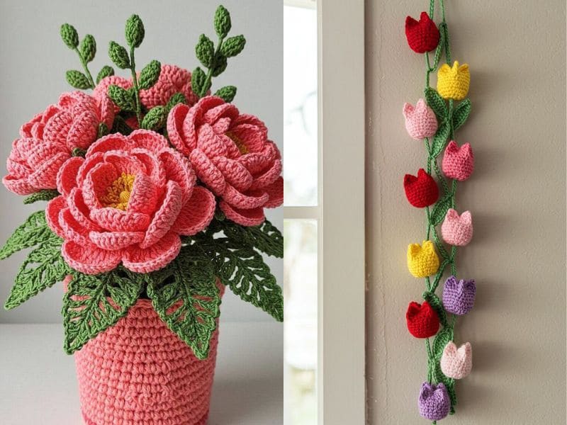 Arranjo de rosas cor-de-rosa em crochê e um varal de tulipas coloridas em crochê pendurado.