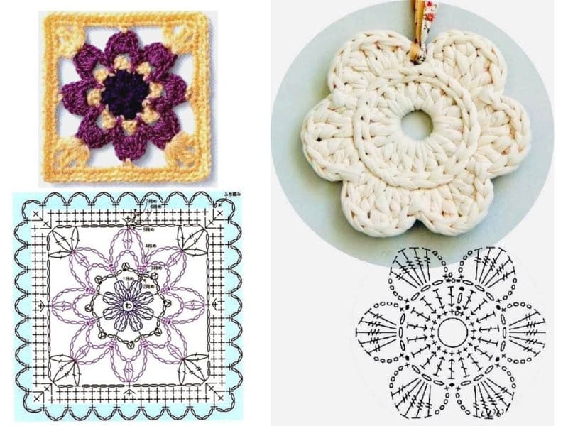 Exemplos de lindos apliques de crochê criativos, incluindo um quadrado com flor roxa e amarela e uma flor branca com diagrama.