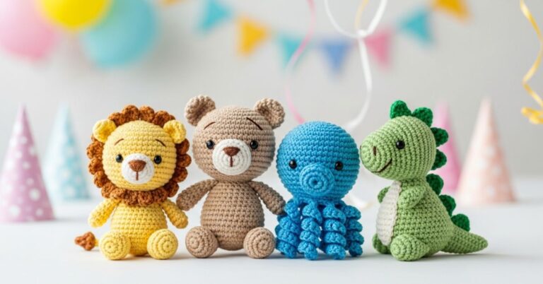Quatro bichinhos de crochê (leão, urso, polvo e dinossauro) enfileirados em frente a decorações de festa.