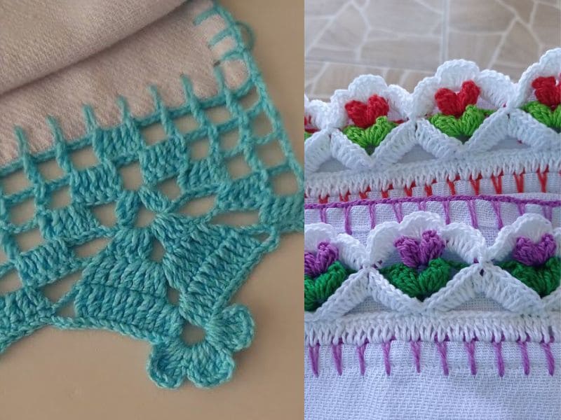 Detalhes de dois lindos bicos de crochê diferentes em panos de prato: um azul com padrão geométrico e outro branco com motivos florais coloridos.