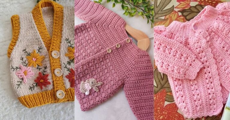Coleção de lindos casaquinhos de bebê em crochê e tricô com diferentes designs e cores.