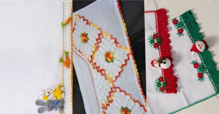 Exibição de três lindos panos de prato brancos com crochê artesanal em temas de Páscoa, flores e Natal.