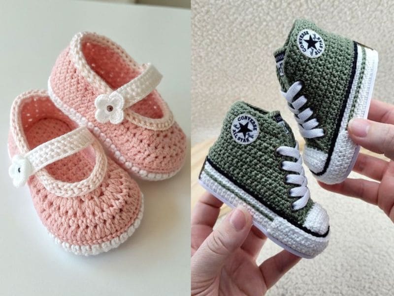 Dois pares de lindos sapatinhos de crochê para bebê: um par rosa estilo boneca e outro verde estilo tênis Converse.