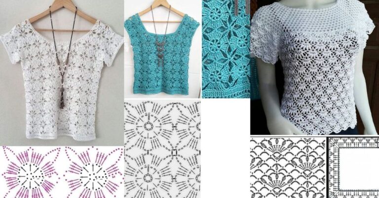 Colagem de fotos com modelos diferentes de blusas de crochê modernas, incluindo peças brancas e azuis.