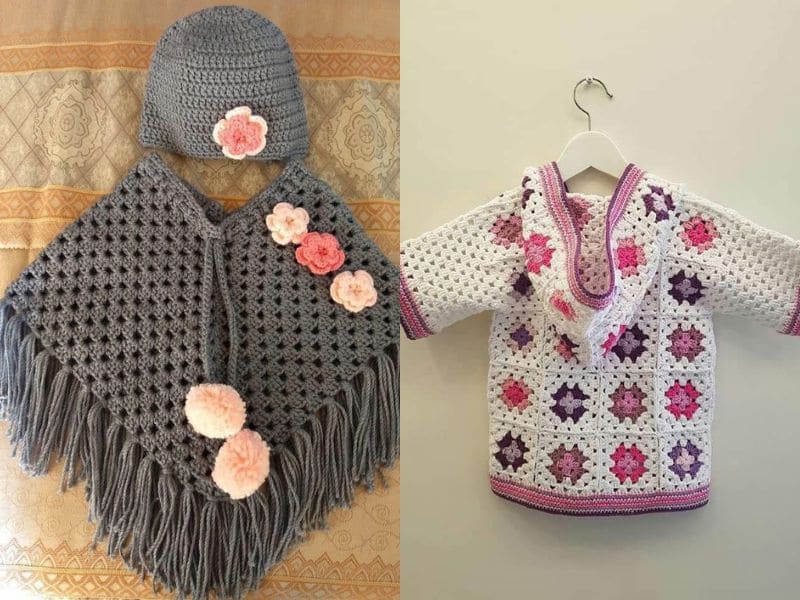 Conjunto infantil de crochê moderno: capa com franjas, touca combinando e casaco com capuz e quadrados coloridos.