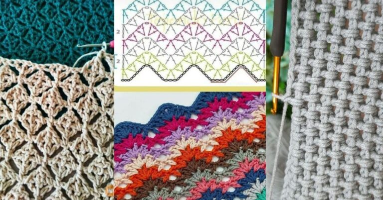 Quatro exemplos de pontos de crochê: texturas em bege, gráfico esquemático, padrão colorido em zigue-zague e trama cinza.