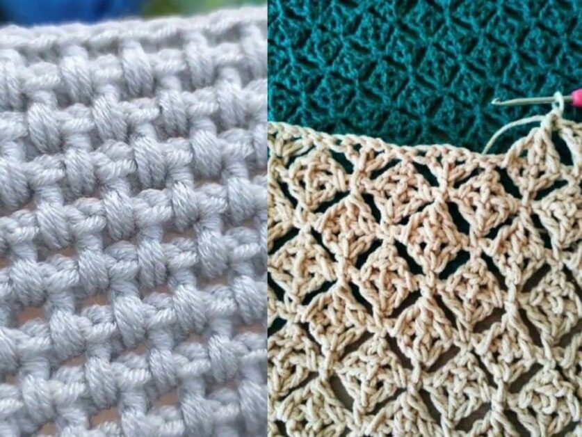 Detalhe de amostras de crochê com pontos distintos em cores claras e um crochê em andamento.