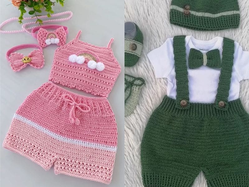 Conjuntos de roupas de crochê infantil: um conjunto rosa com blusa de arco-íris e short, e um conjunto verde com macacão, suspensório e gravata borboleta.