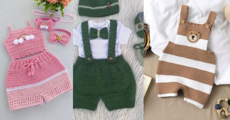 Conjunto de roupas de crochê infantil: um conjunto rosa com arco-íris, um conjunto verde com suspensório e um macacão listrado de urso.