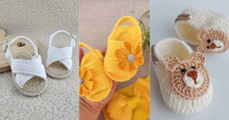 Imagem com close-up de três modelos diferentes de sapatinhos de crochê infantil: sandália branca, sandália amarela com flor e sapatinho branco com rosto de urso.