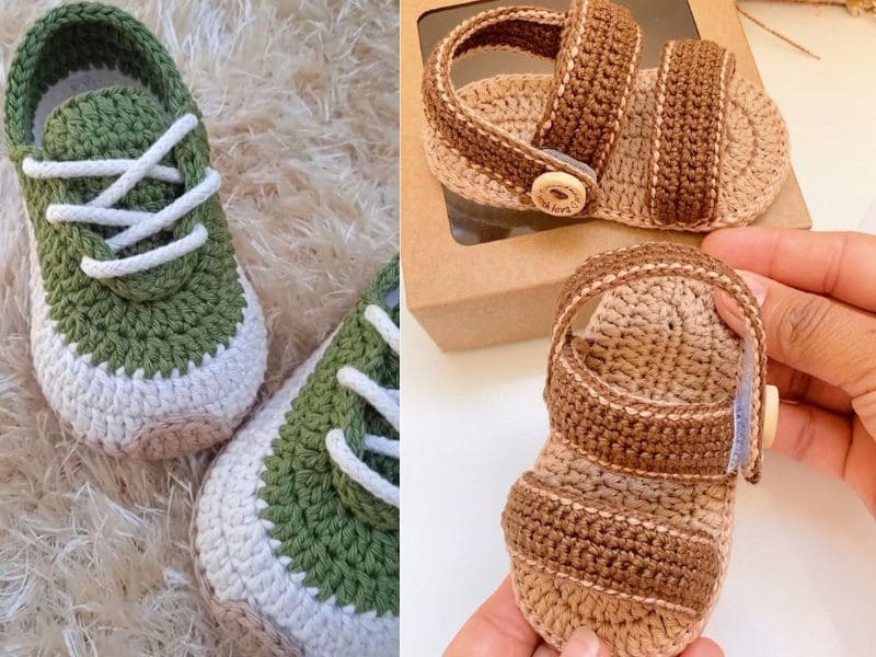 Dois pares de sapatinhos de crochê para bebê: um par de tênis verde e branco com cadarços, e outro par de sandálias marrom e bege.