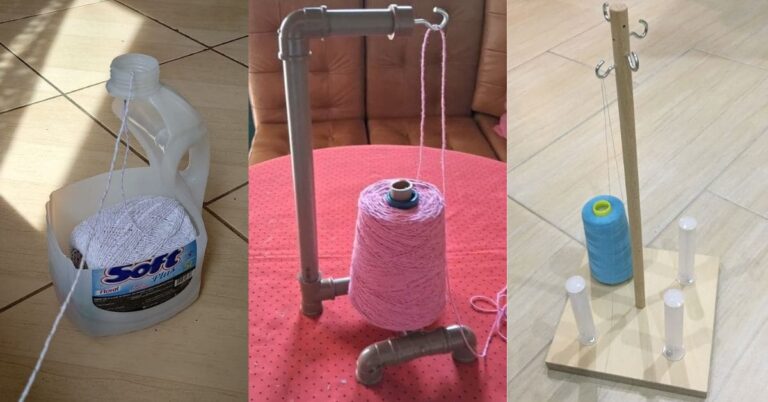 Três soluções criativas para suportes de barbante para crochê: garrafa de amaciante reutilizada, estrutura de canos de PVC e suporte de madeira com ganchos.