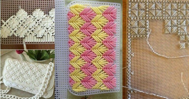 Exemplos de telas para bolsas de crochê com diferentes padrões e cores de linha.